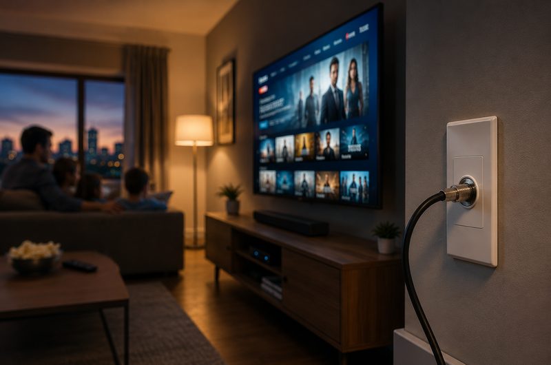 Living room with coaxial cable connected to wall plate