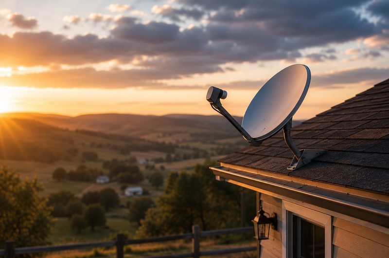 Satellite dish mounted on a rural rooftop at sunset